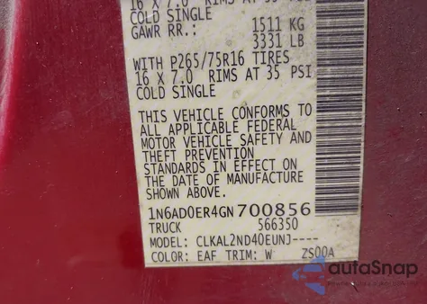 2016 Nissan Frontier Desert Runner from USA, damaged, VIN 1N6AD0ER4GN700856